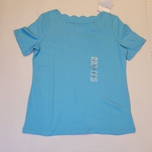 Coral Bay Scalloped Neckline T-Shirt Small Blue 100% Cotton Short Sleeve NWT